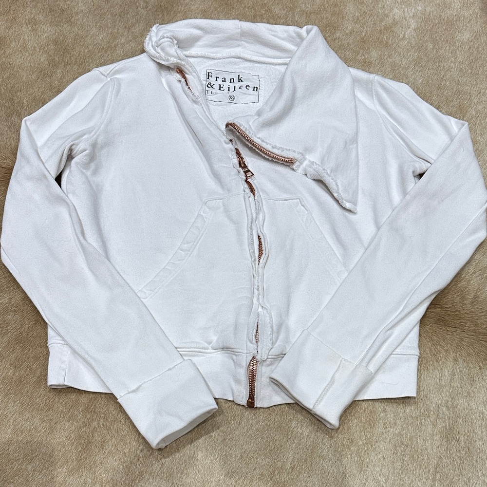 Frank & Eileen White Rose Gold Zip-Front Bomber Jacket with Asymmetrical Collar